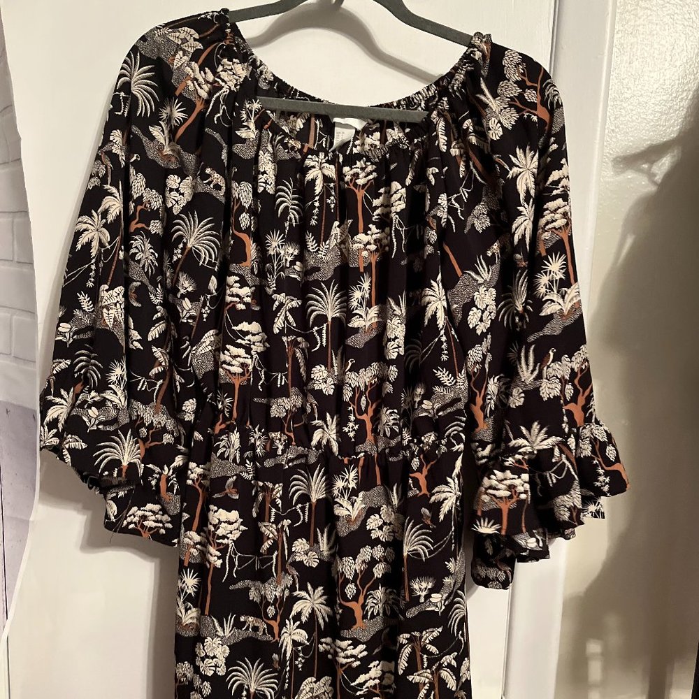 H & M Ruffle black print 3/4 Sleeve Dress SZ 4